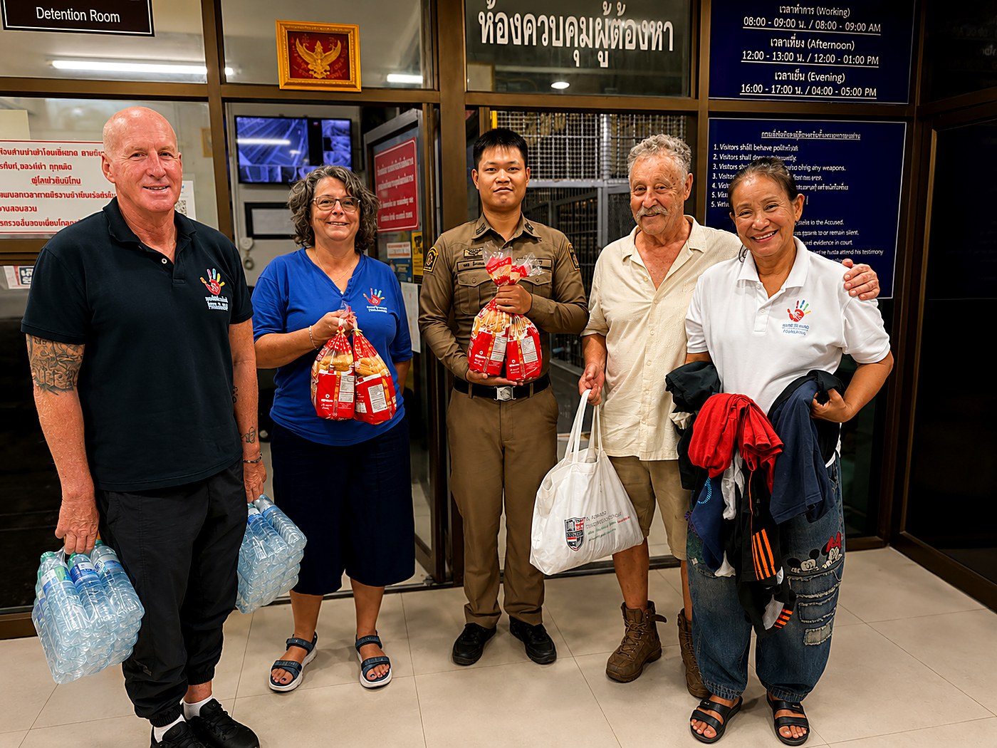 Hand to Hand volunteers and a detention centre officer with donated bread, water and clothing