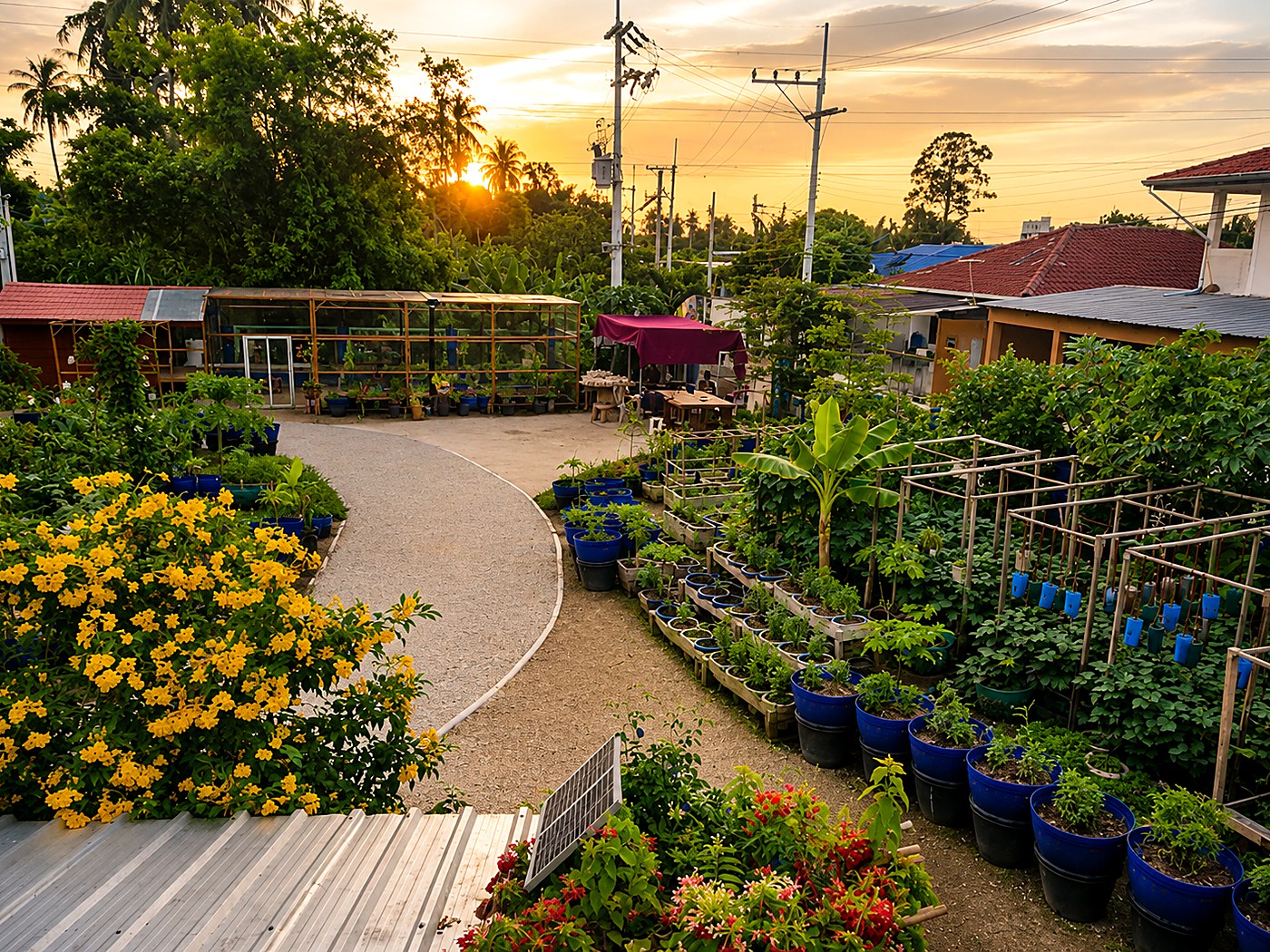 The Nong Palai housing project garden at sunset, with raised planter beds and a greenhouse