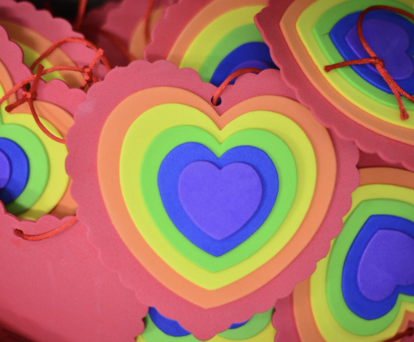 Colourful handmade heart decorations for the Thank You Morning Tea event